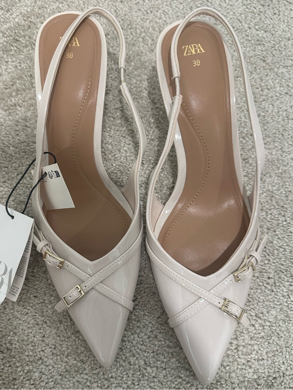 ZARA Cream Patent Pointed Slingback Pumps with Gold Buckles
